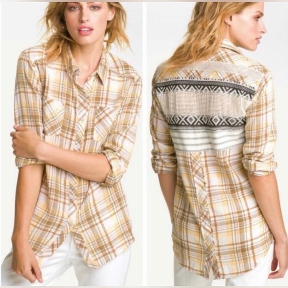 Free People Women's Cream & Tan Plaid Button-Up Shirt with Aztec Back Panel